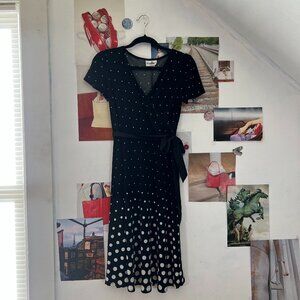 Vintage Black and White Polka Dot Mid Length Short Sleeve Wrap Swing Dress